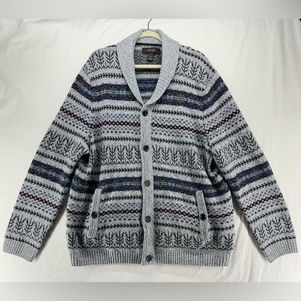 Tasso Elba Shawl Collar Button Cardigan Sweater Elbow Patch Mens XL Grey Pockets